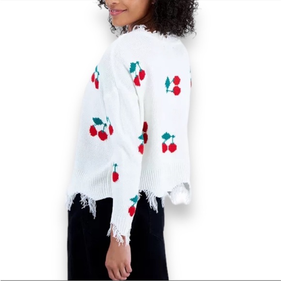 NWT Just Polly juniors Frayed V-neck Cherry Pullover Oversize Sweater Size Med - Picture 3 of 10